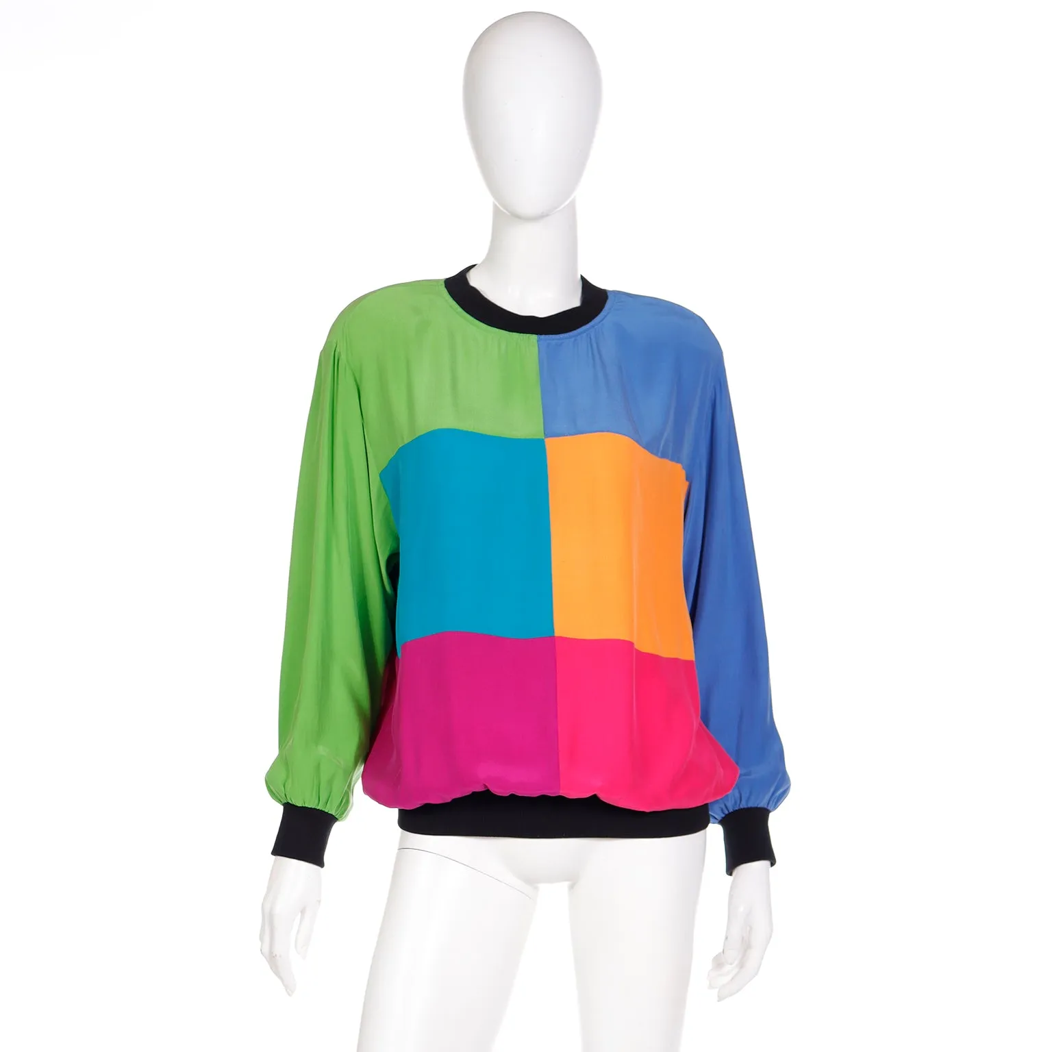 1980s Emanuel Ungaro Parallele Colorblock Silk Sweatshirt Style Top