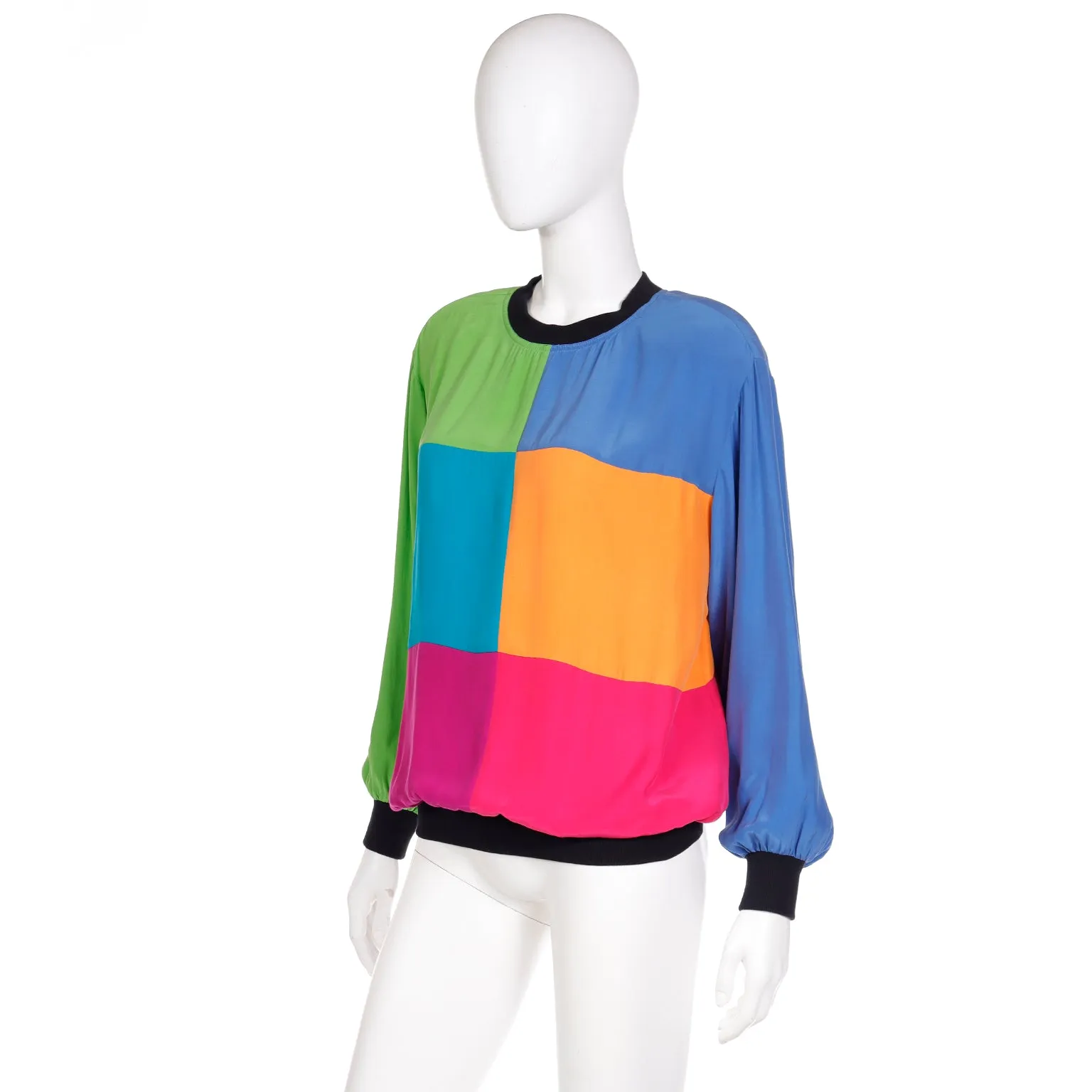 1980s Emanuel Ungaro Parallele Colorblock Silk Sweatshirt Style Top