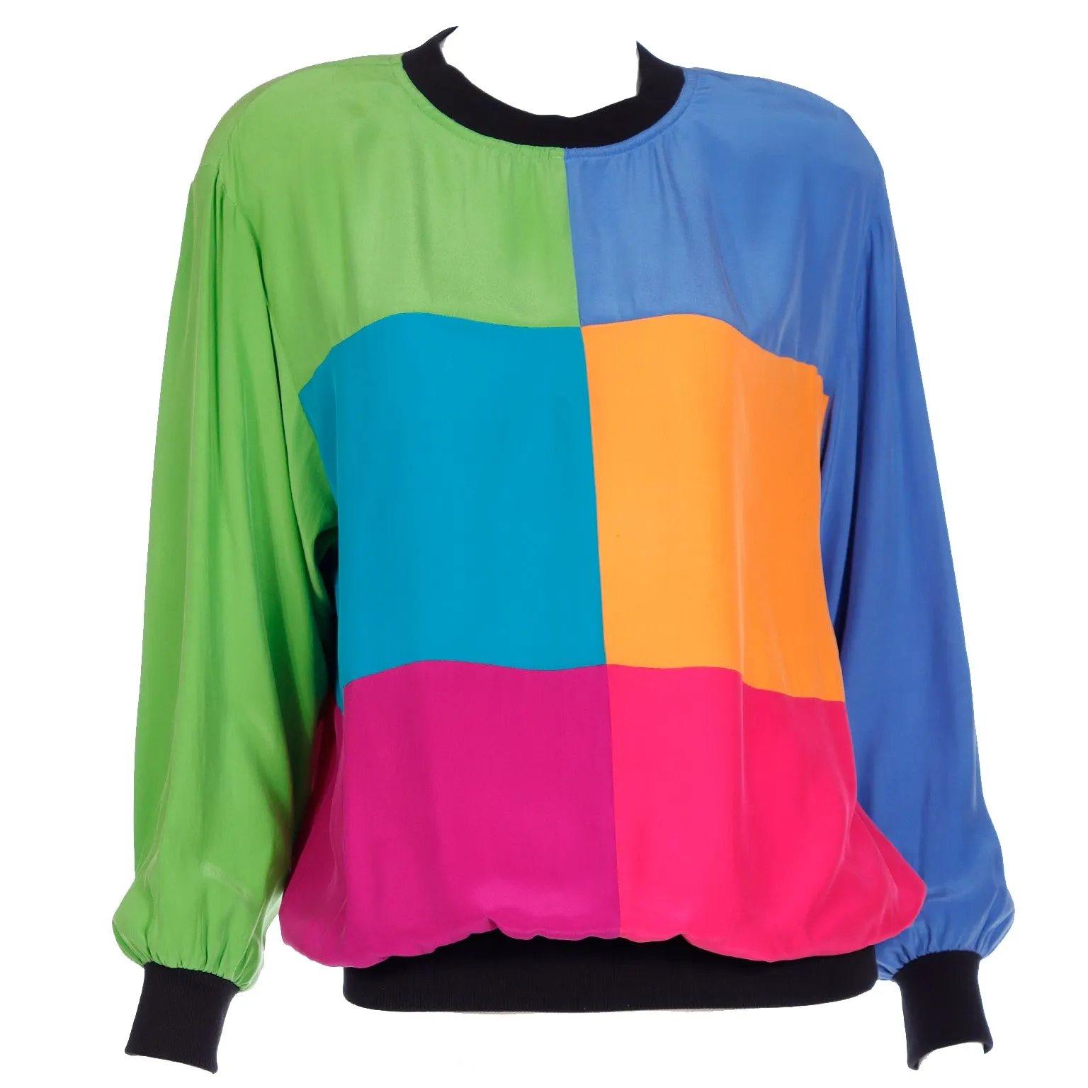 1980s Emanuel Ungaro Parallele Colorblock Silk Sweatshirt Style Top