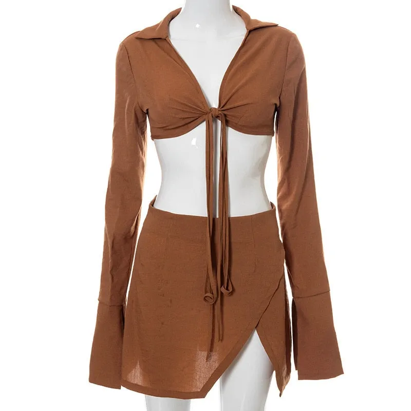 Bandage Tie Front Top and Skirt Set Fall Matching Set Split Skirt Club Party Outfit
