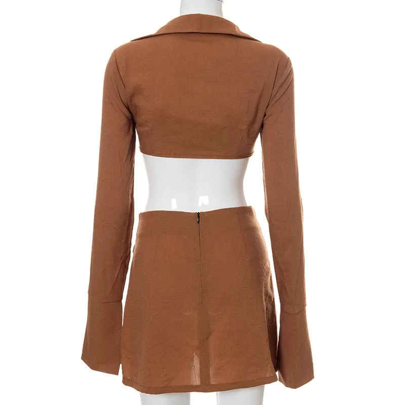Bandage Tie Front Top and Skirt Set Fall Matching Set Split Skirt Club Party Outfit