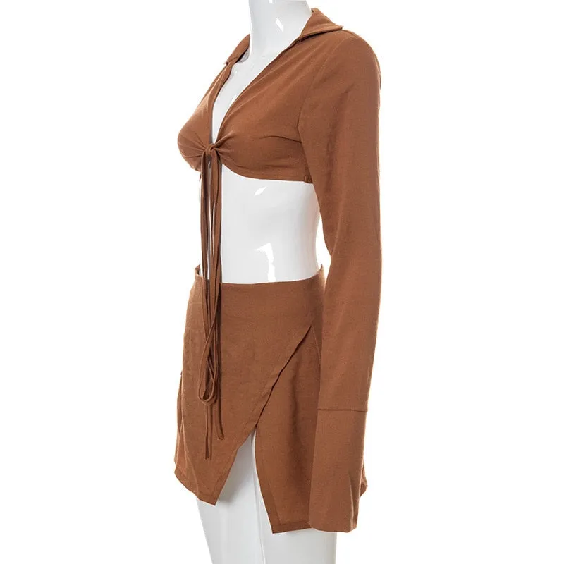Bandage Tie Front Top and Skirt Set Fall Matching Set Split Skirt Club Party Outfit