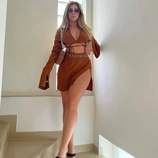 Bandage Tie Front Top and Skirt Set Fall Matching Set Split Skirt Club Party Outfit