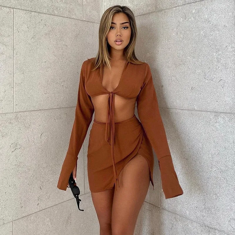 Bandage Tie Front Top and Skirt Set Fall Matching Set Split Skirt Club Party Outfit