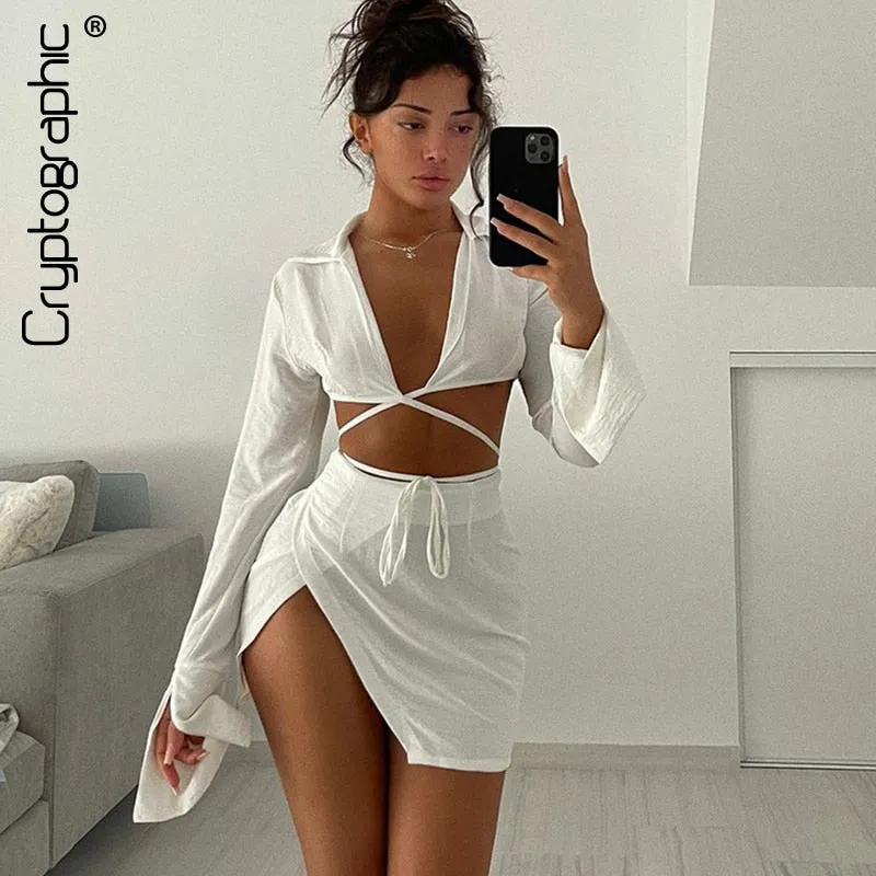 Bandage Tie Front Top and Skirt Set Fall Matching Set Split Skirt Club Party Outfit