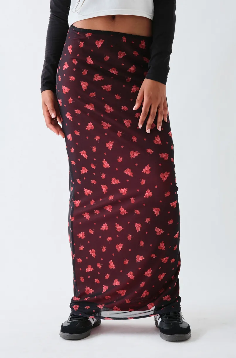 Burgundy and Black Mid Rise Mesh Skirt