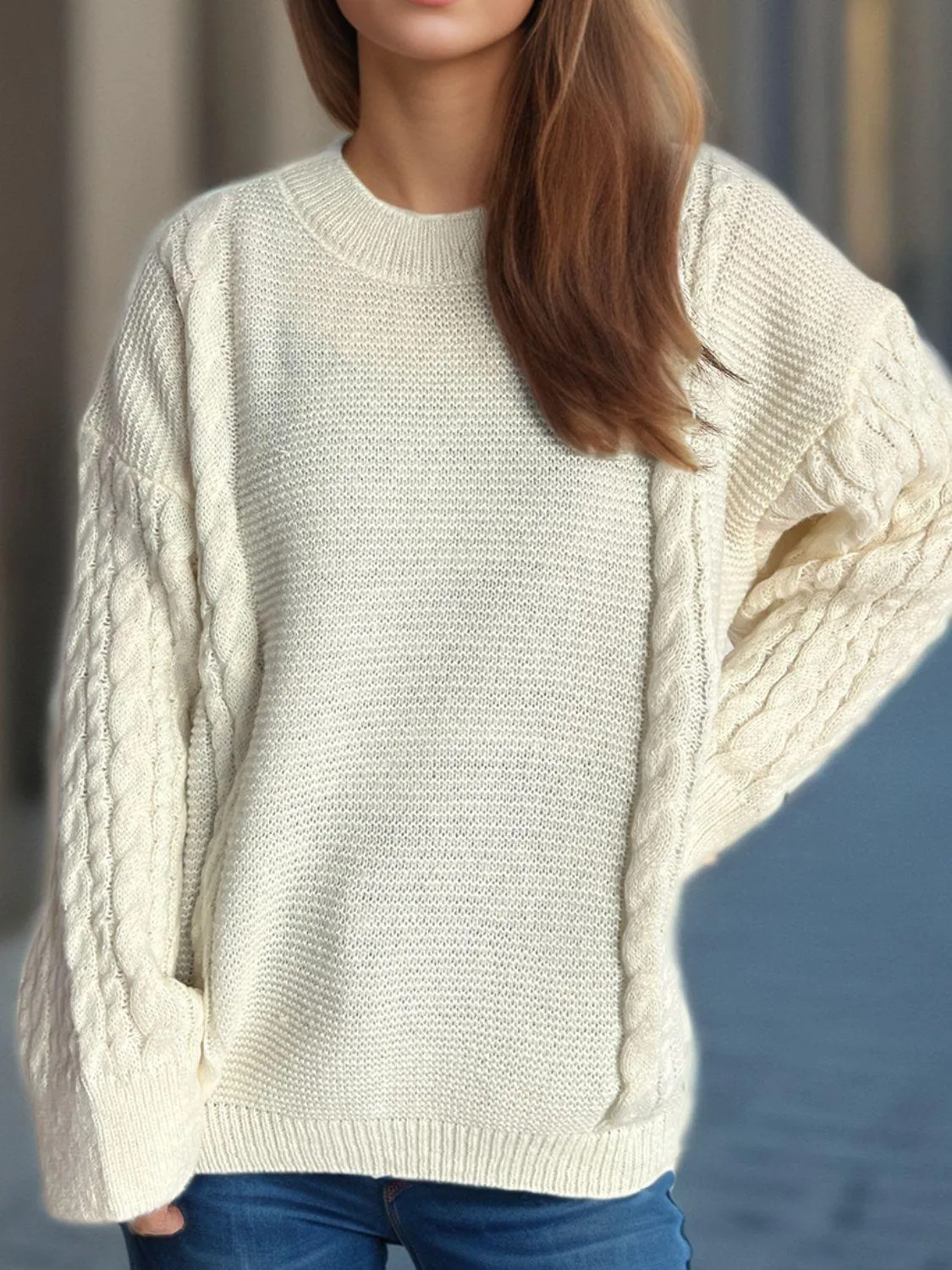 Cable-Knit Sweater Round Neck Long Sleeve Oversized Soft Pullover
