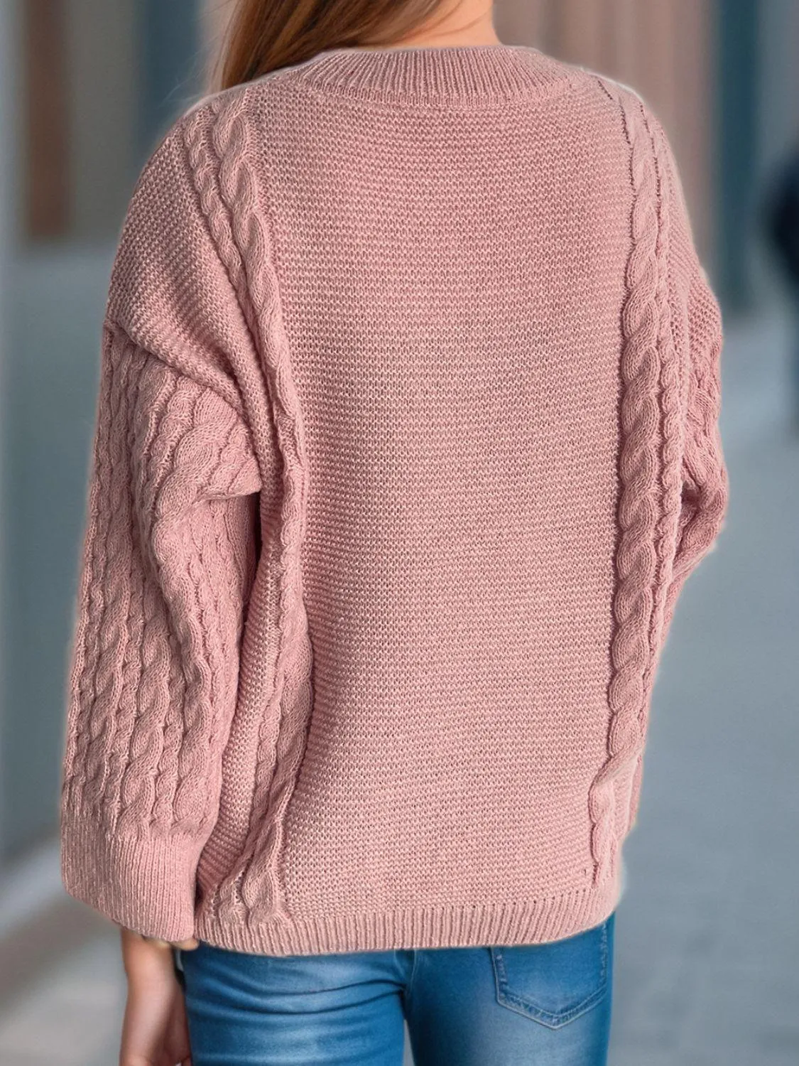 Cable-Knit Sweater Round Neck Long Sleeve Oversized Soft Pullover