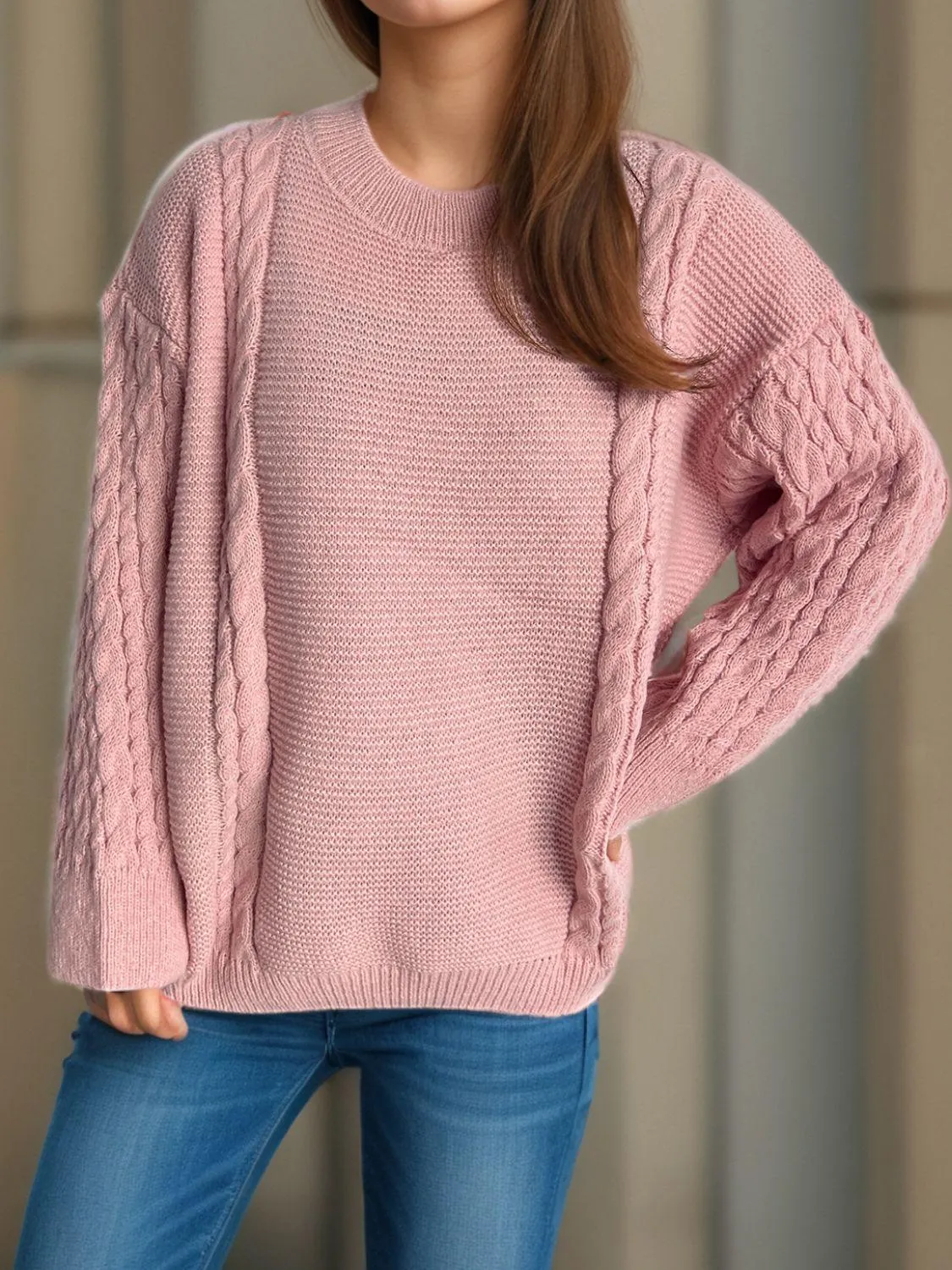 Cable-Knit Sweater Round Neck Long Sleeve Oversized Soft Pullover