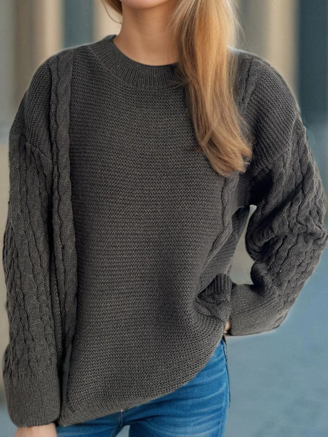 Cable-Knit Sweater Round Neck Long Sleeve Oversized Soft Pullover