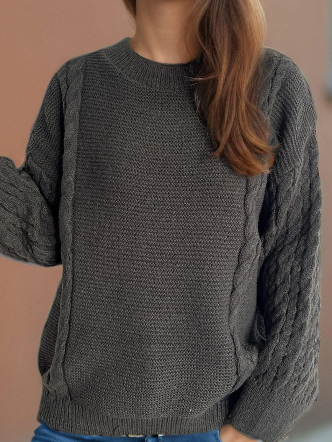 Cable-Knit Sweater Round Neck Long Sleeve Oversized Soft Pullover