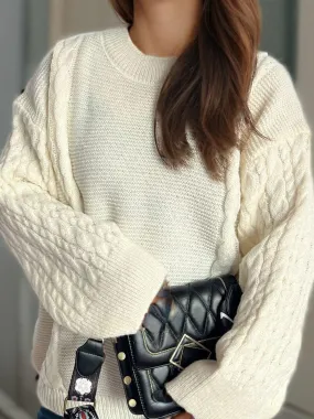 Cable-Knit Sweater Round Neck Long Sleeve Oversized Soft Pullover
