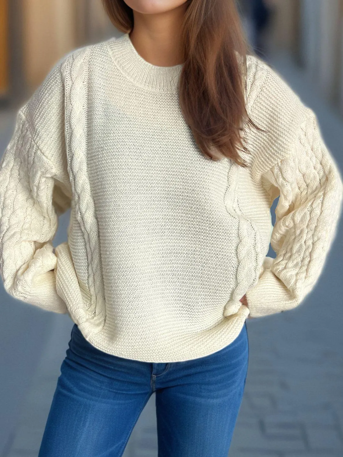 Cable-Knit Sweater Round Neck Long Sleeve Oversized Soft Pullover