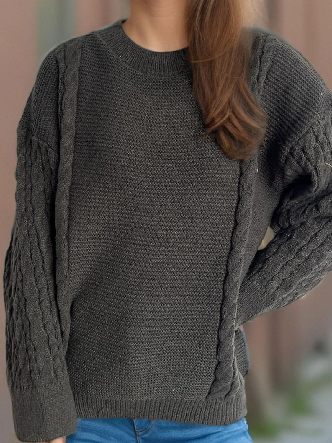 Cable-Knit Sweater Round Neck Long Sleeve Oversized Soft Pullover