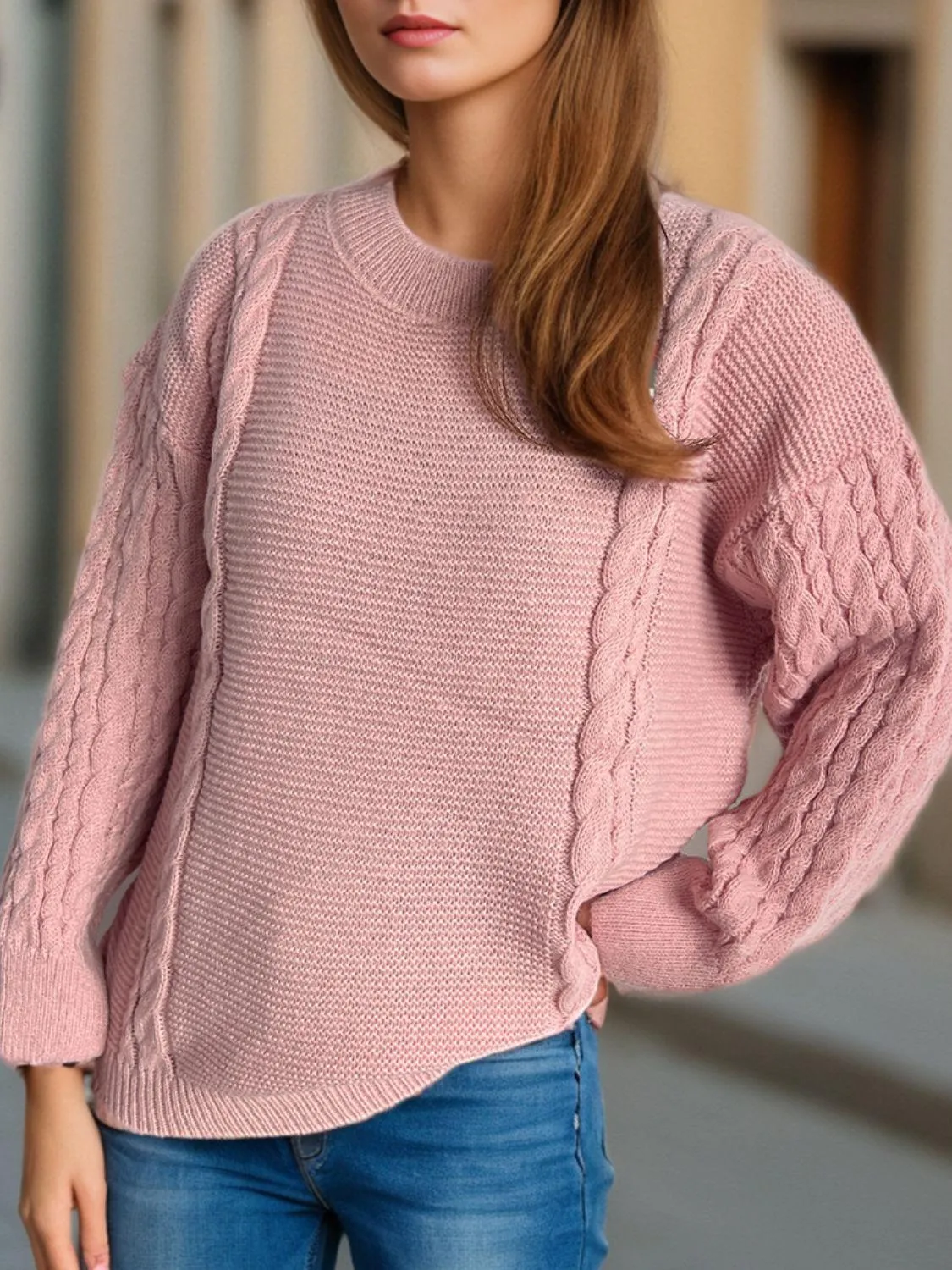 Cable-Knit Sweater Round Neck Long Sleeve Oversized Soft Pullover
