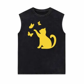 Cat With Butterfly Kitten Playing Vintage Washed Vest Top