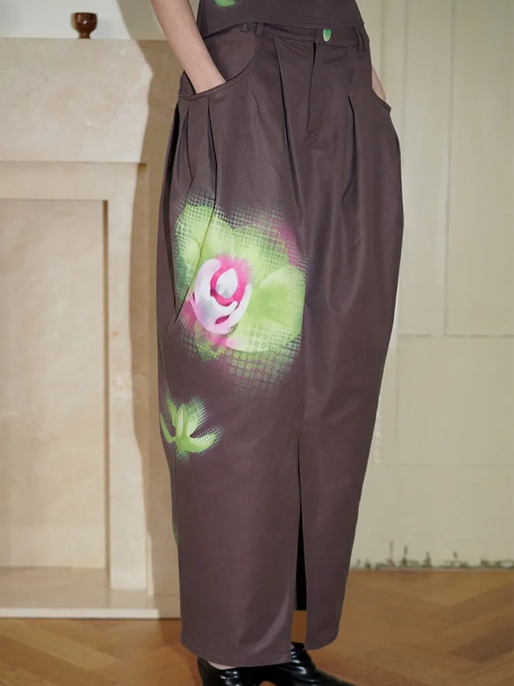 Chinese Style Floral Print Bud Skirt