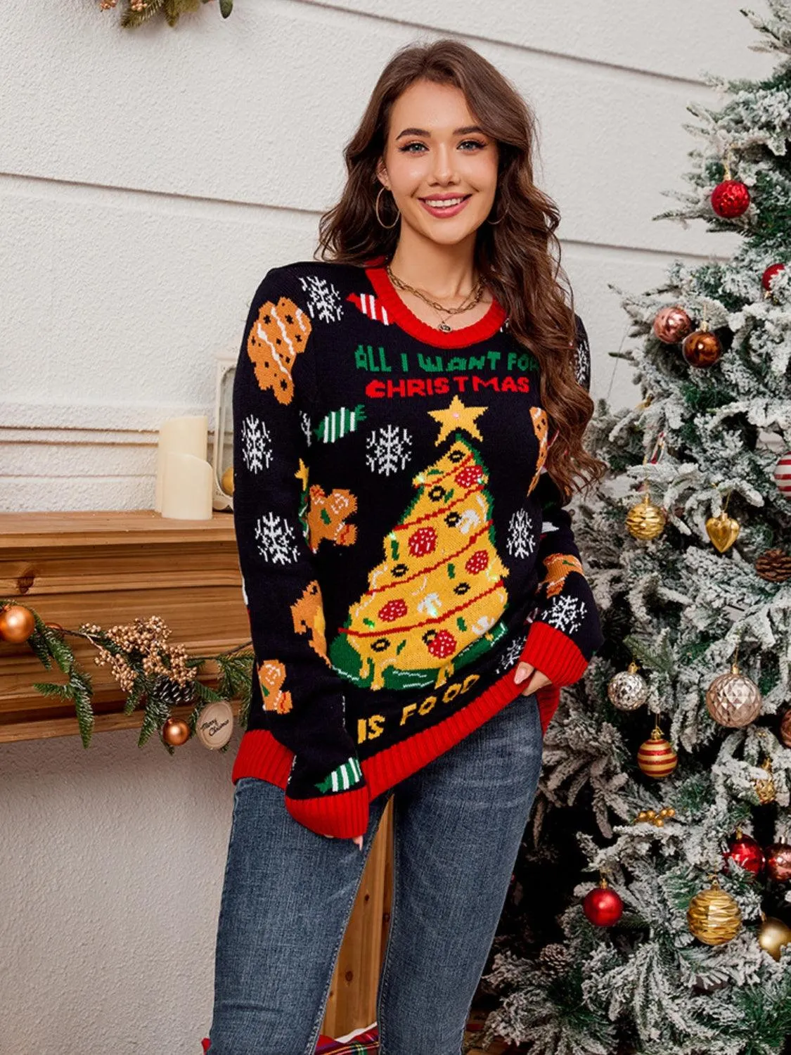 Christmas Sweater Tree Element Round Neck Long Sleeve Soft Pullover