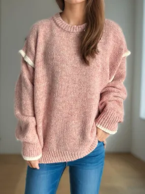 Contrast Trim Sweater Round Neck Dropped Shoulder Long Sleeve Pullover
