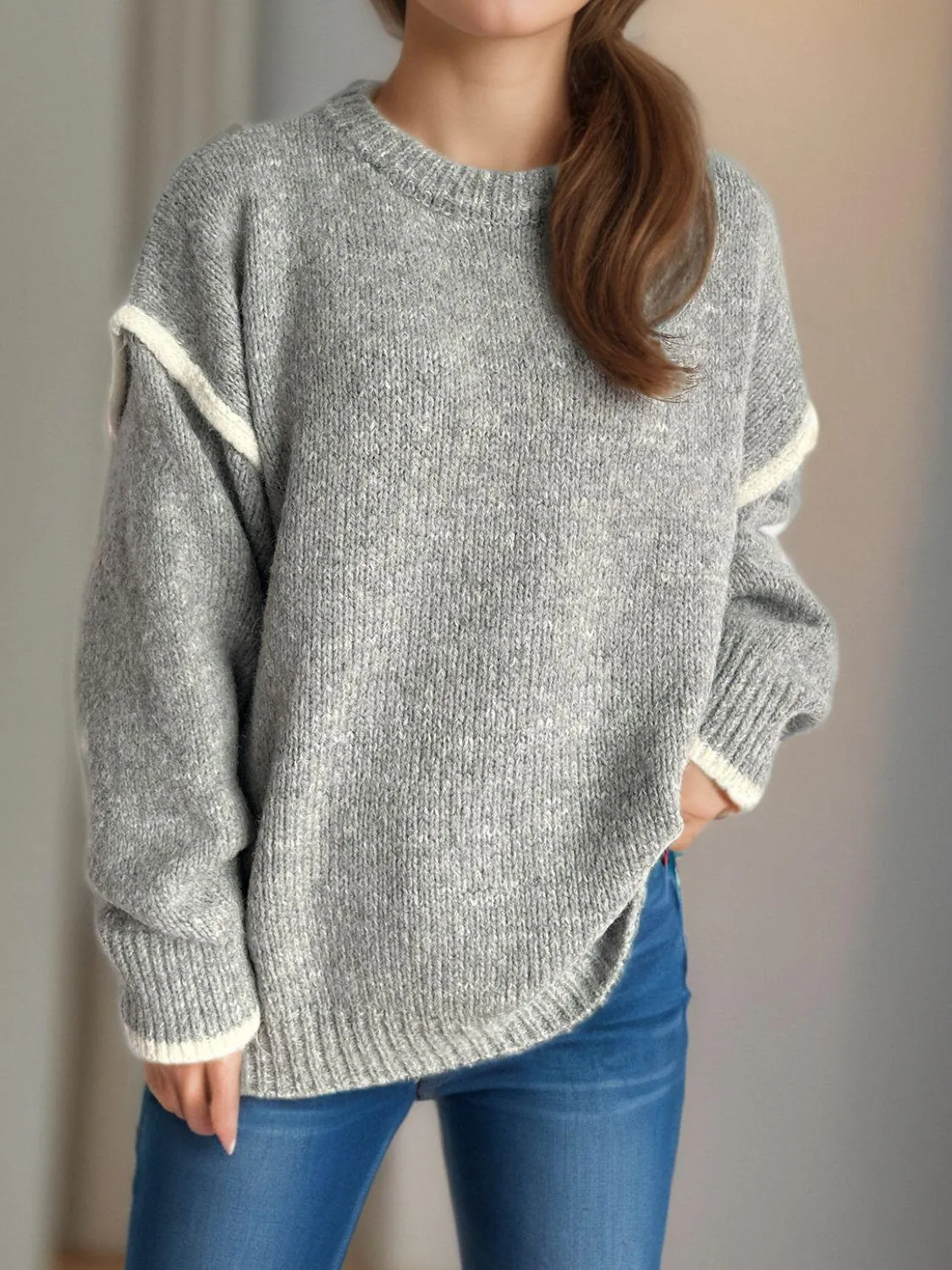 Contrast Trim Sweater Round Neck Dropped Shoulder Long Sleeve Pullover