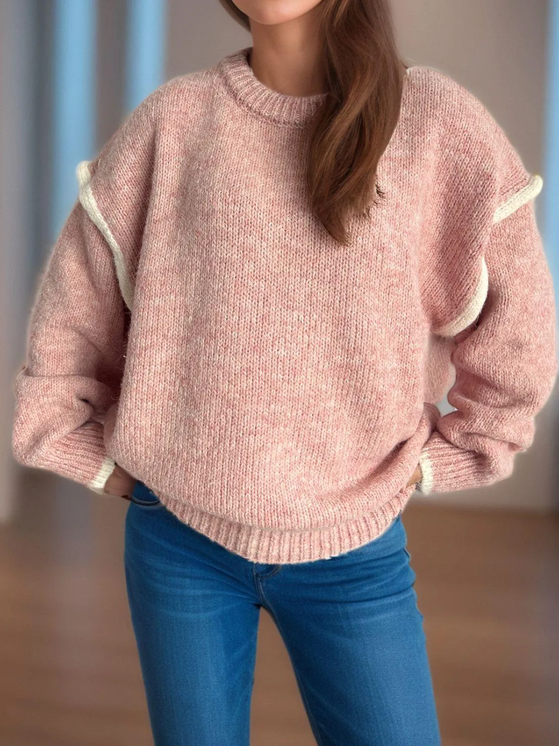 Contrast Trim Sweater Round Neck Dropped Shoulder Long Sleeve Pullover