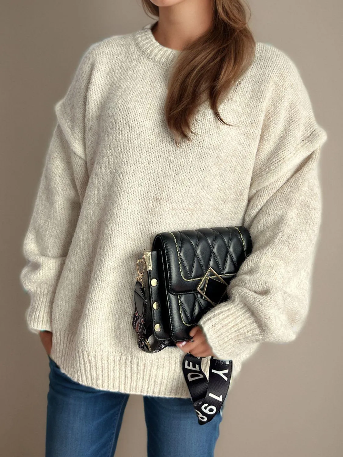 Contrast Trim Sweater Round Neck Dropped Shoulder Long Sleeve Pullover