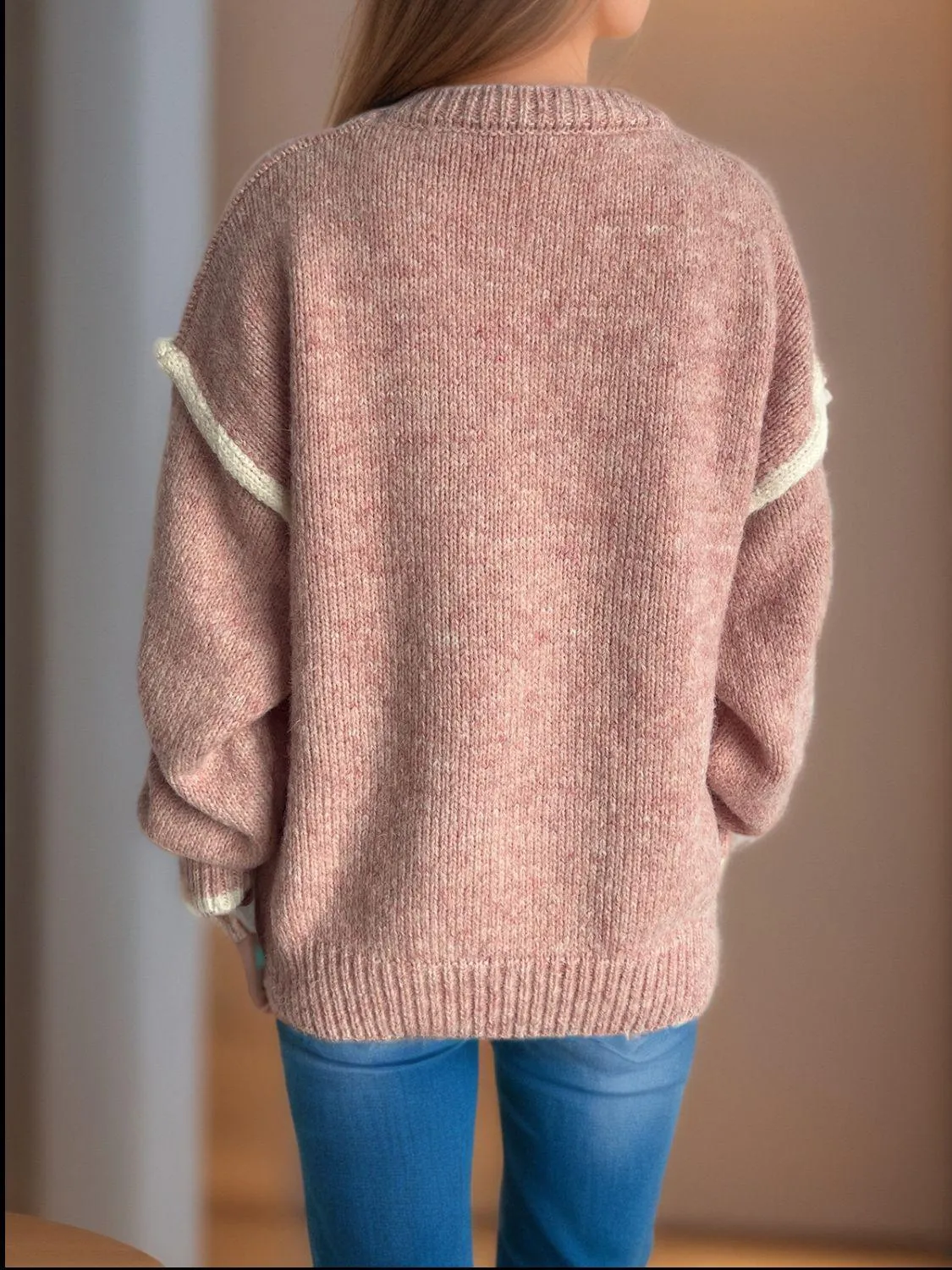 Contrast Trim Sweater Round Neck Dropped Shoulder Long Sleeve Pullover