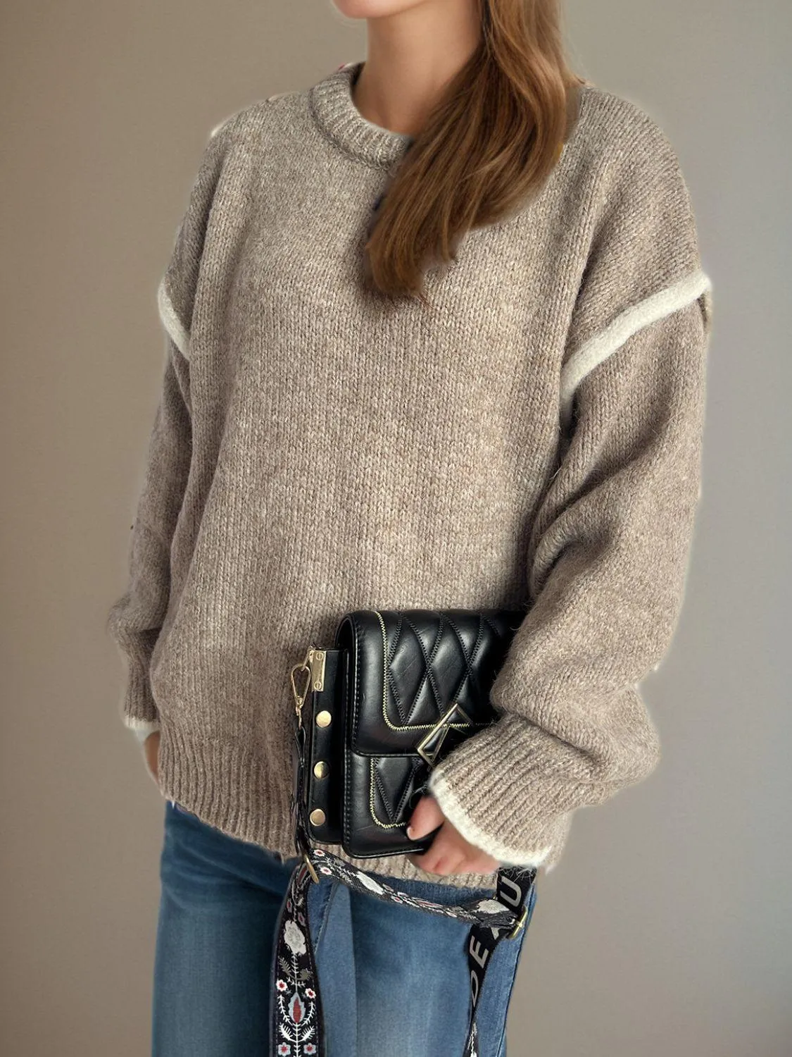 Contrast Trim Sweater Round Neck Dropped Shoulder Long Sleeve Pullover
