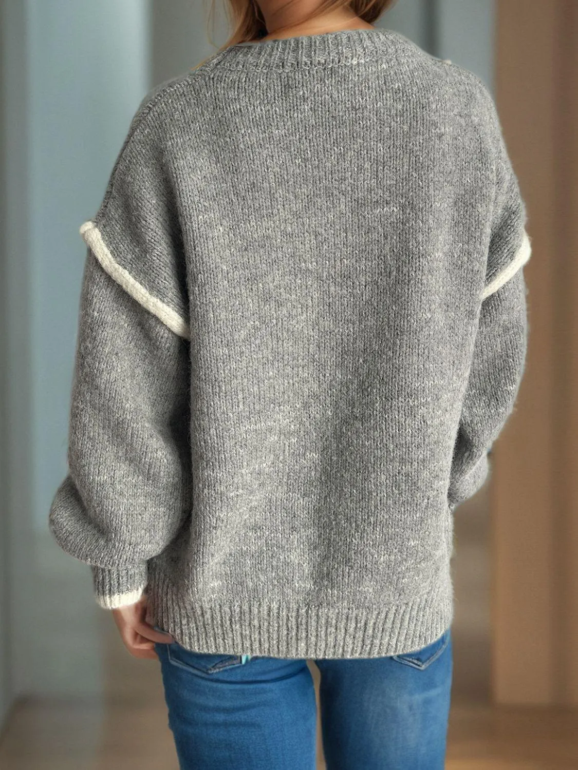 Contrast Trim Sweater Round Neck Dropped Shoulder Long Sleeve Pullover