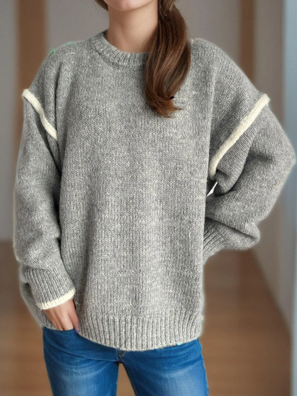 Contrast Trim Sweater Round Neck Dropped Shoulder Long Sleeve Pullover