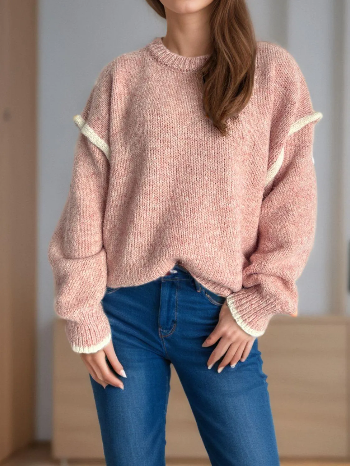 Contrast Trim Sweater Round Neck Dropped Shoulder Long Sleeve Pullover