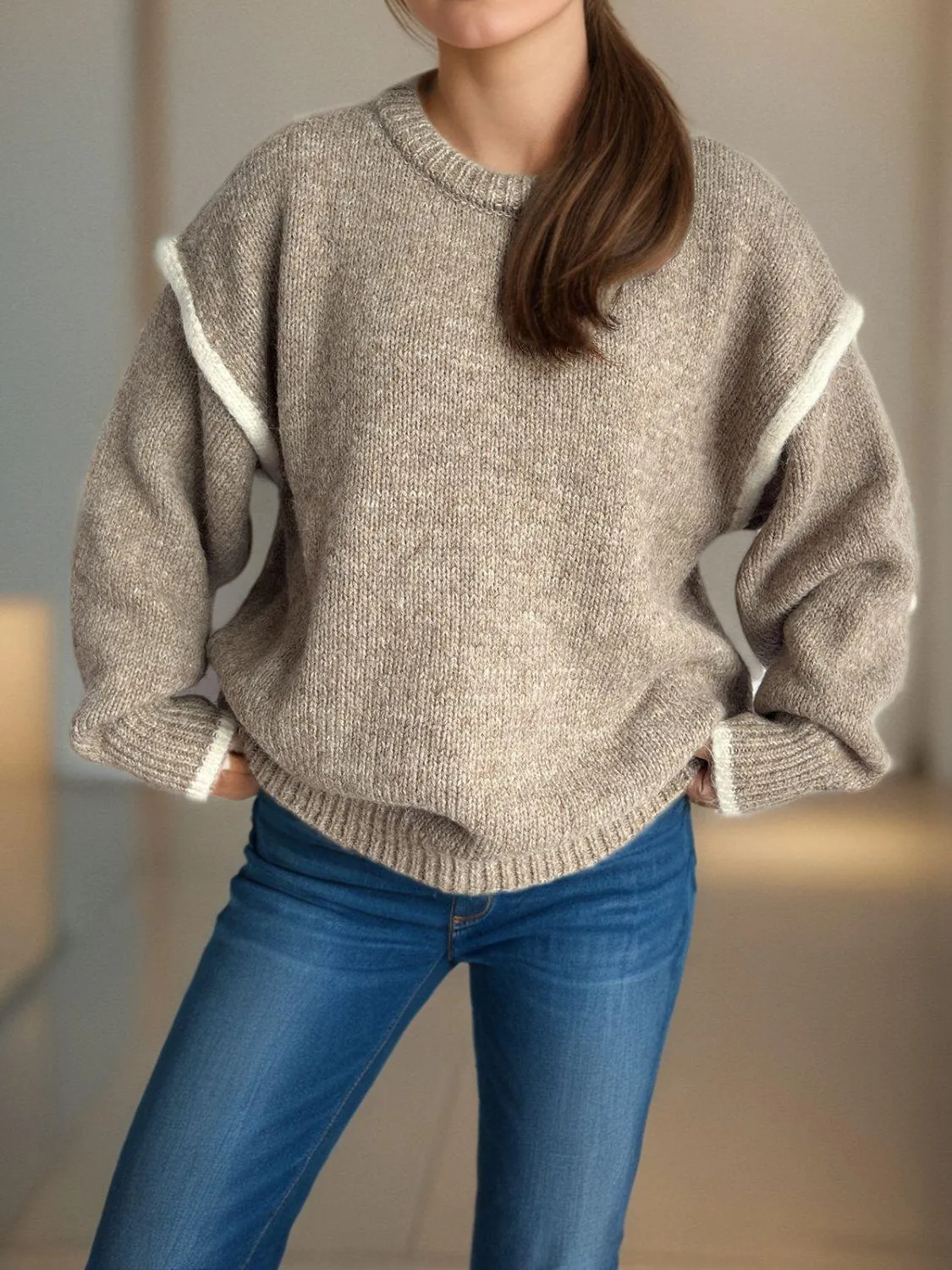 Contrast Trim Sweater Round Neck Dropped Shoulder Long Sleeve Pullover
