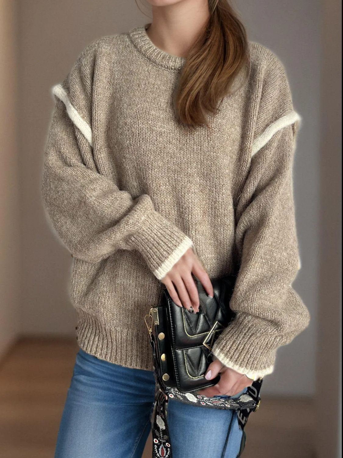 Contrast Trim Sweater Round Neck Dropped Shoulder Long Sleeve Pullover