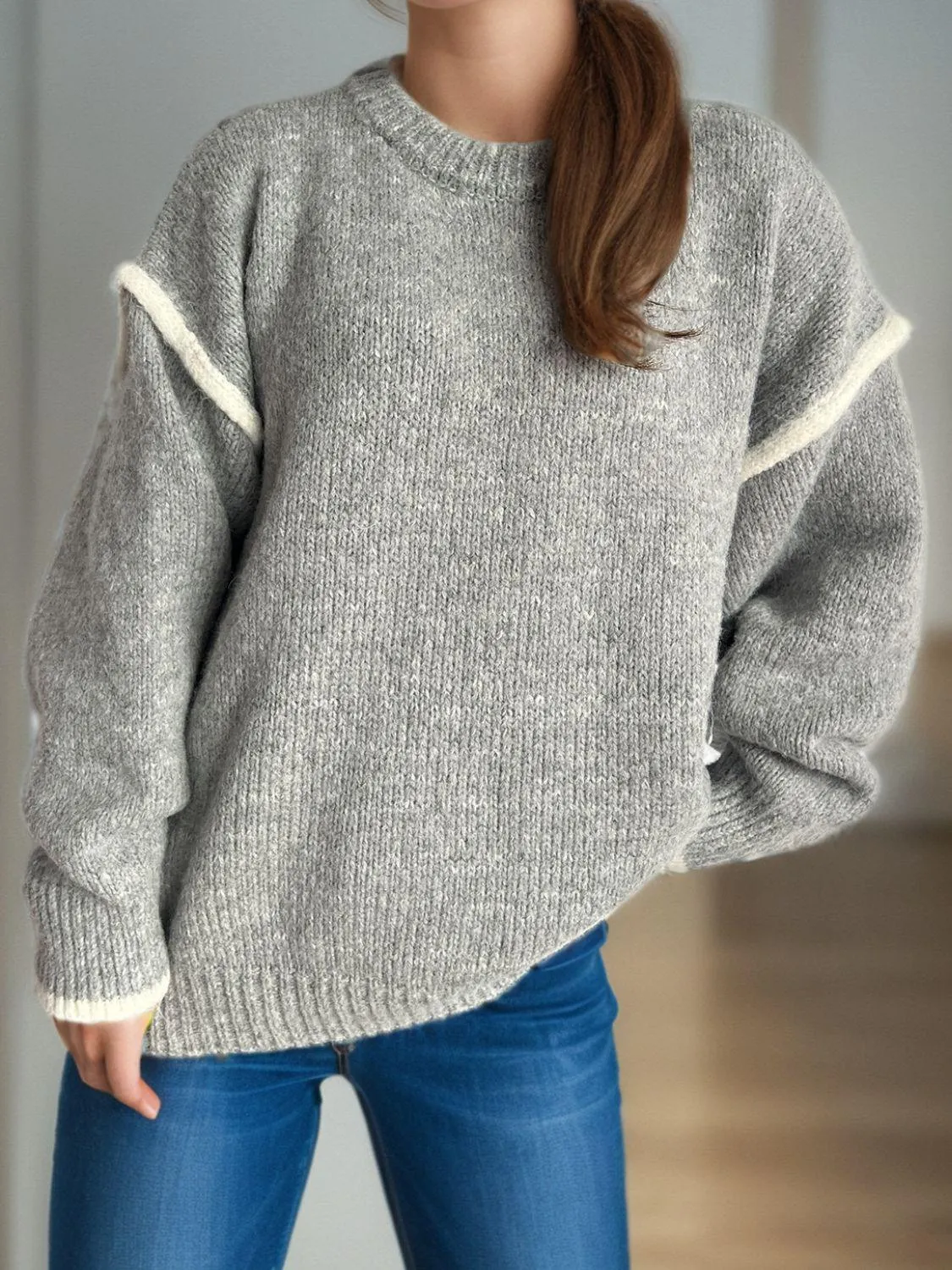 Contrast Trim Sweater Round Neck Dropped Shoulder Long Sleeve Pullover