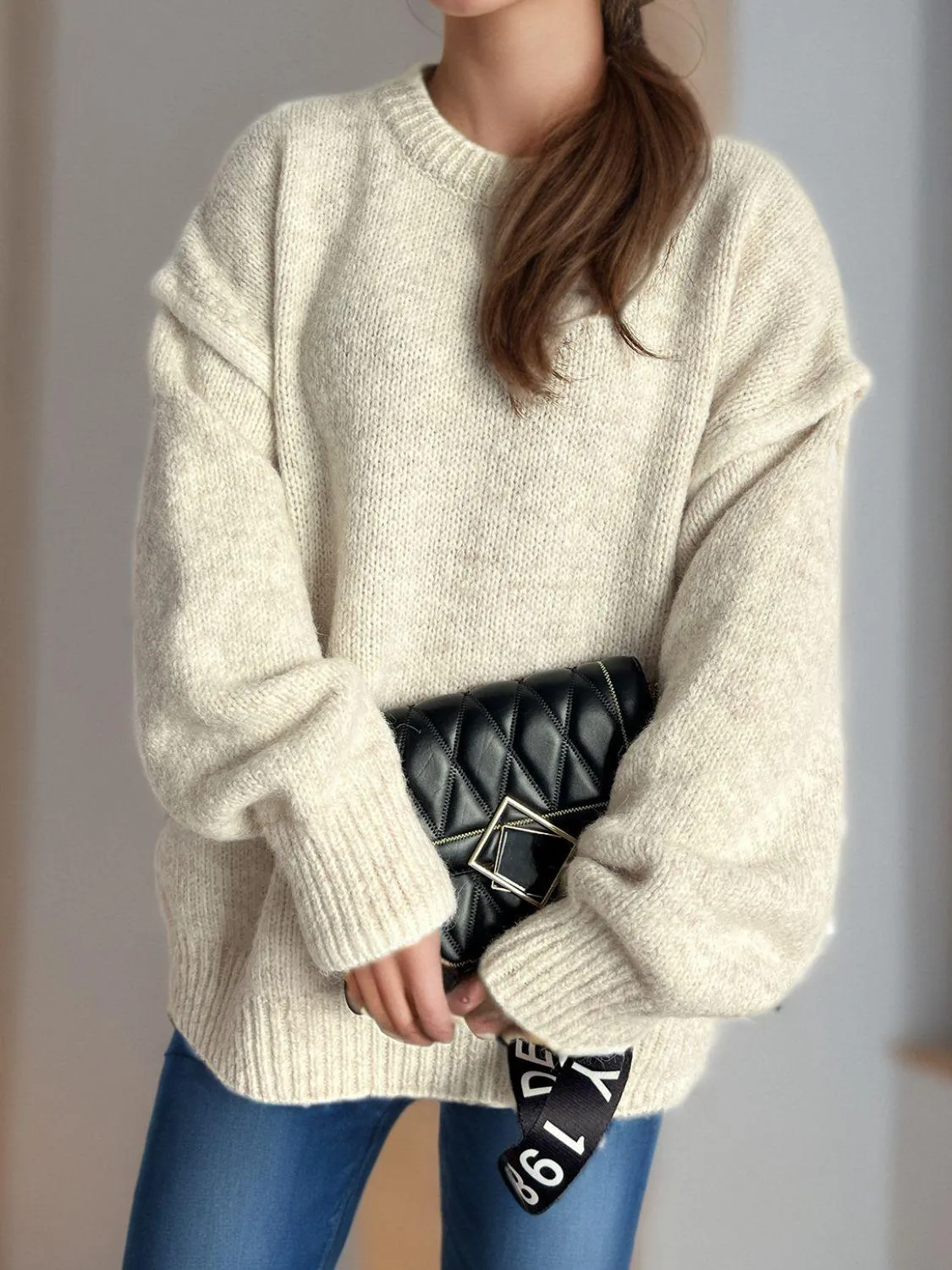 Contrast Trim Sweater Round Neck Dropped Shoulder Long Sleeve Pullover