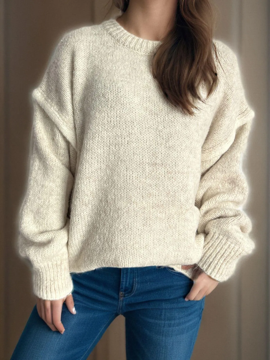 Contrast Trim Sweater Round Neck Dropped Shoulder Long Sleeve Pullover