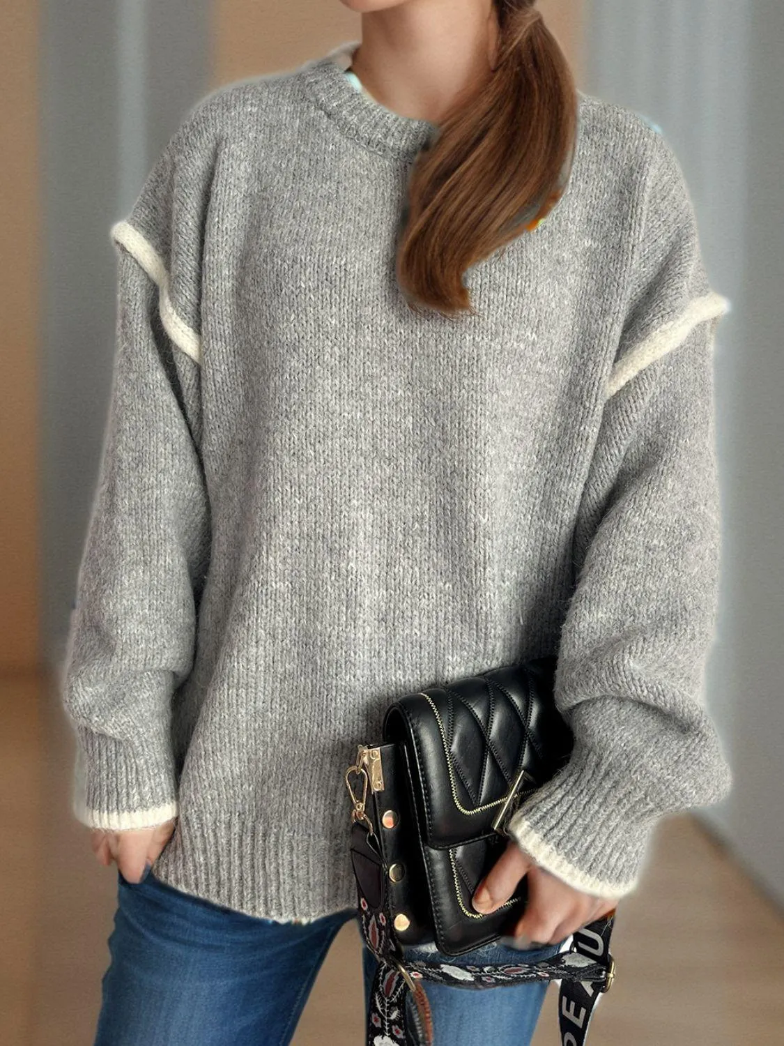 Contrast Trim Sweater Round Neck Dropped Shoulder Long Sleeve Pullover