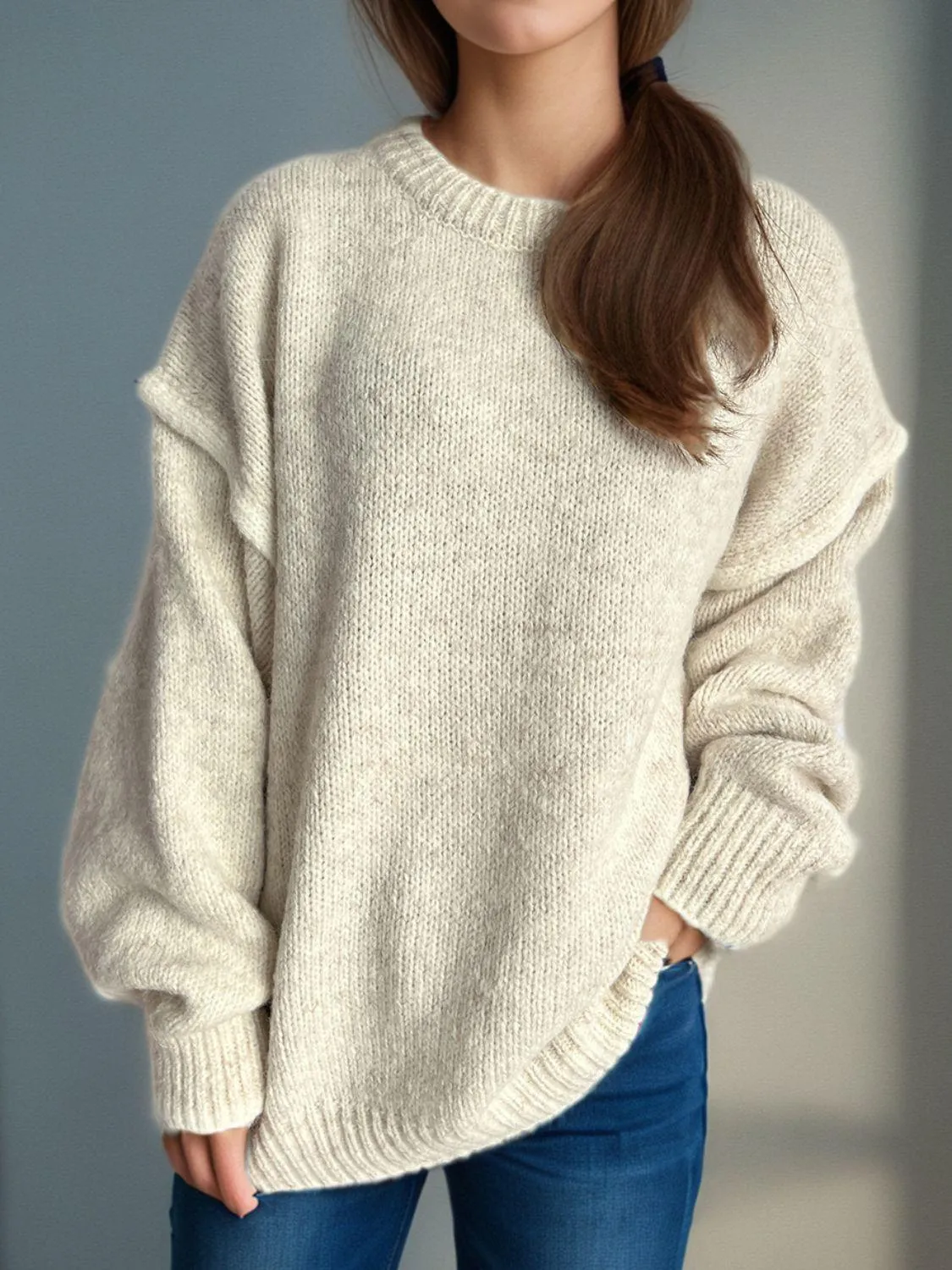 Contrast Trim Sweater Round Neck Dropped Shoulder Long Sleeve Pullover