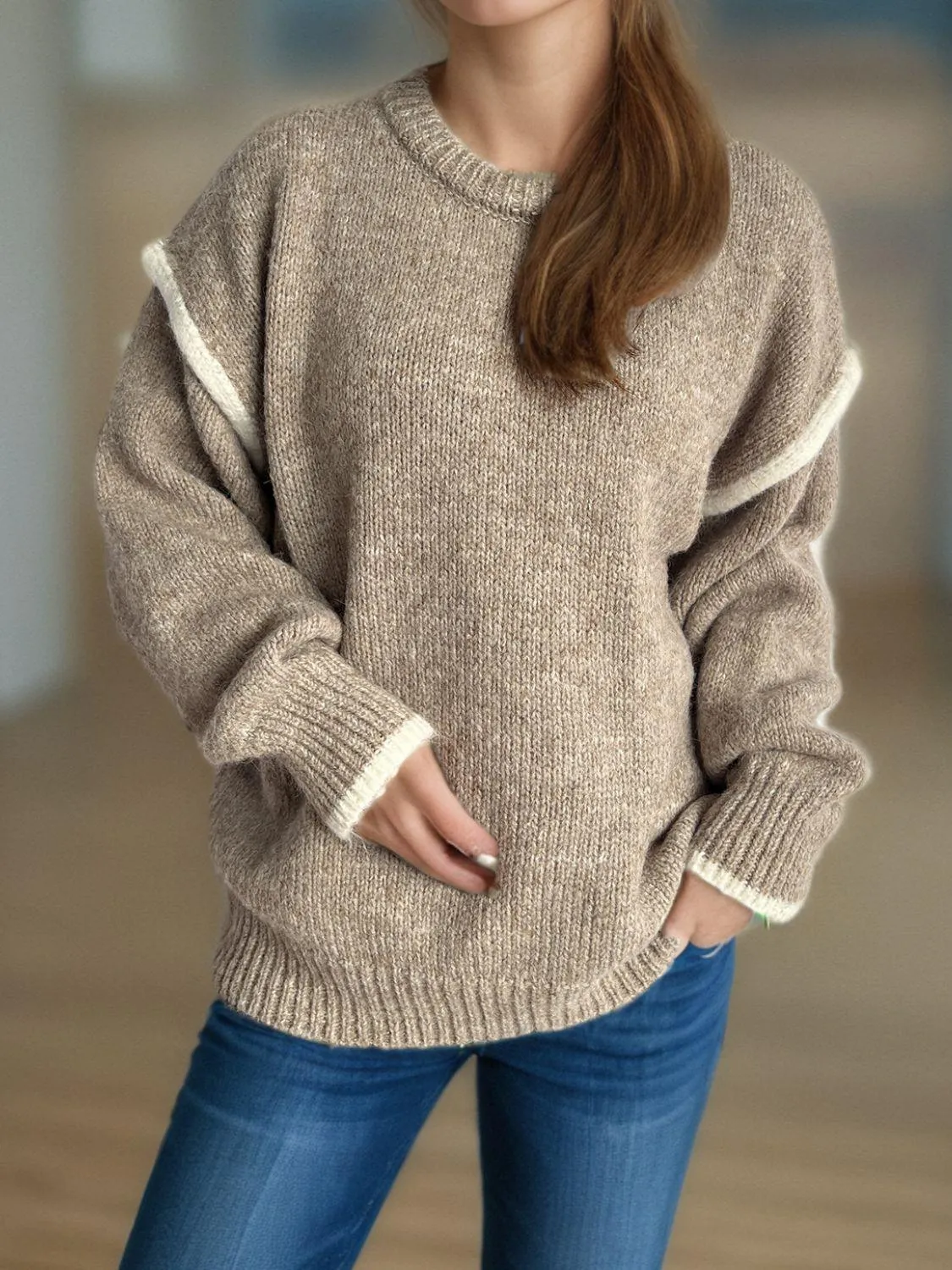 Contrast Trim Sweater Round Neck Dropped Shoulder Long Sleeve Pullover