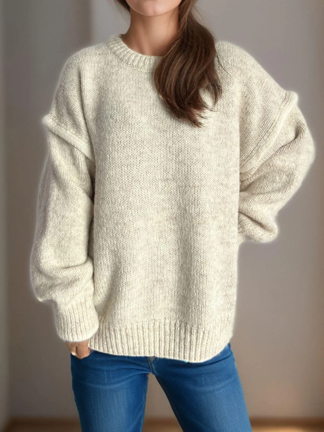 Contrast Trim Sweater Round Neck Dropped Shoulder Long Sleeve Pullover