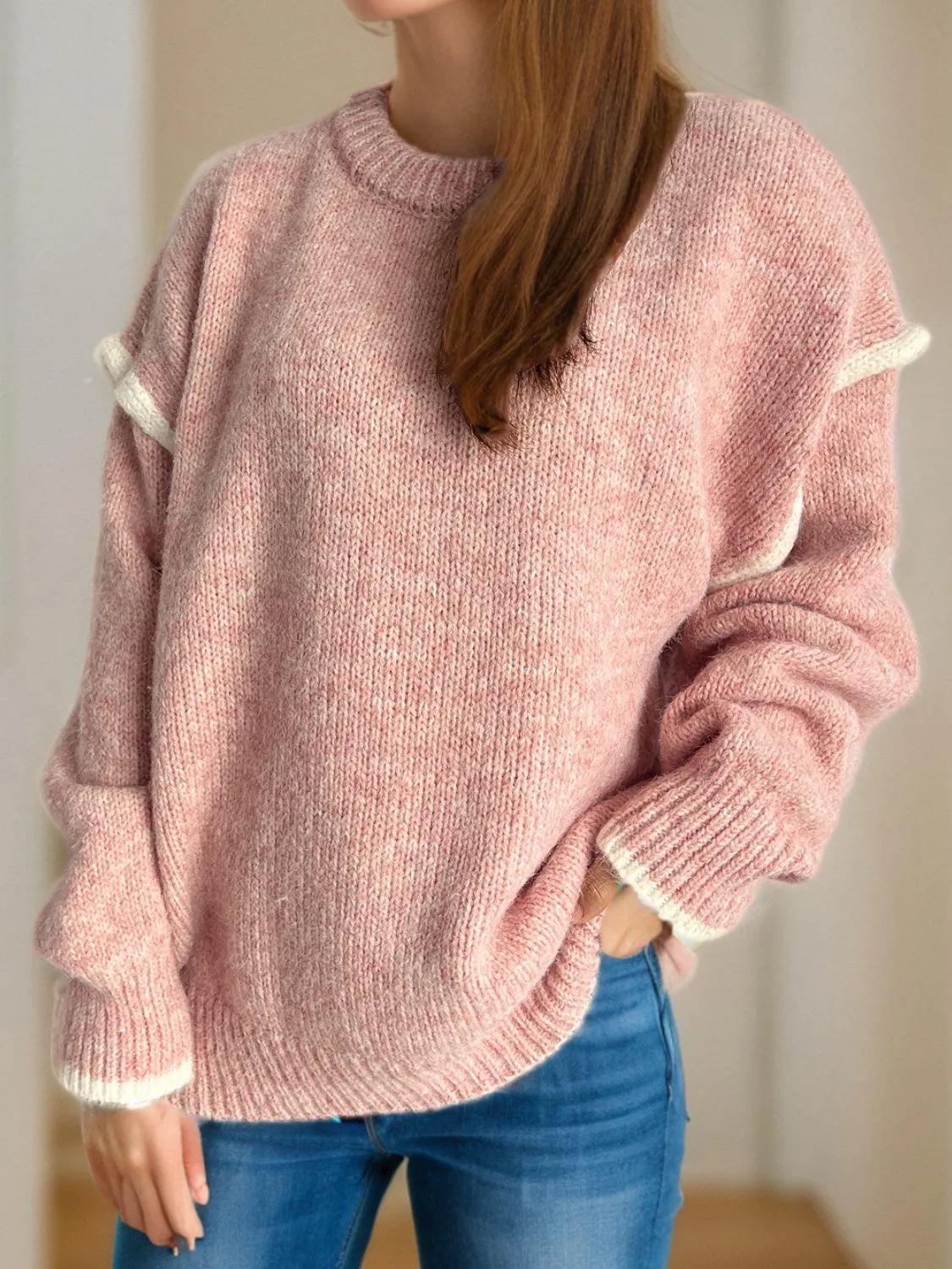 Contrast Trim Sweater Round Neck Dropped Shoulder Long Sleeve Pullover