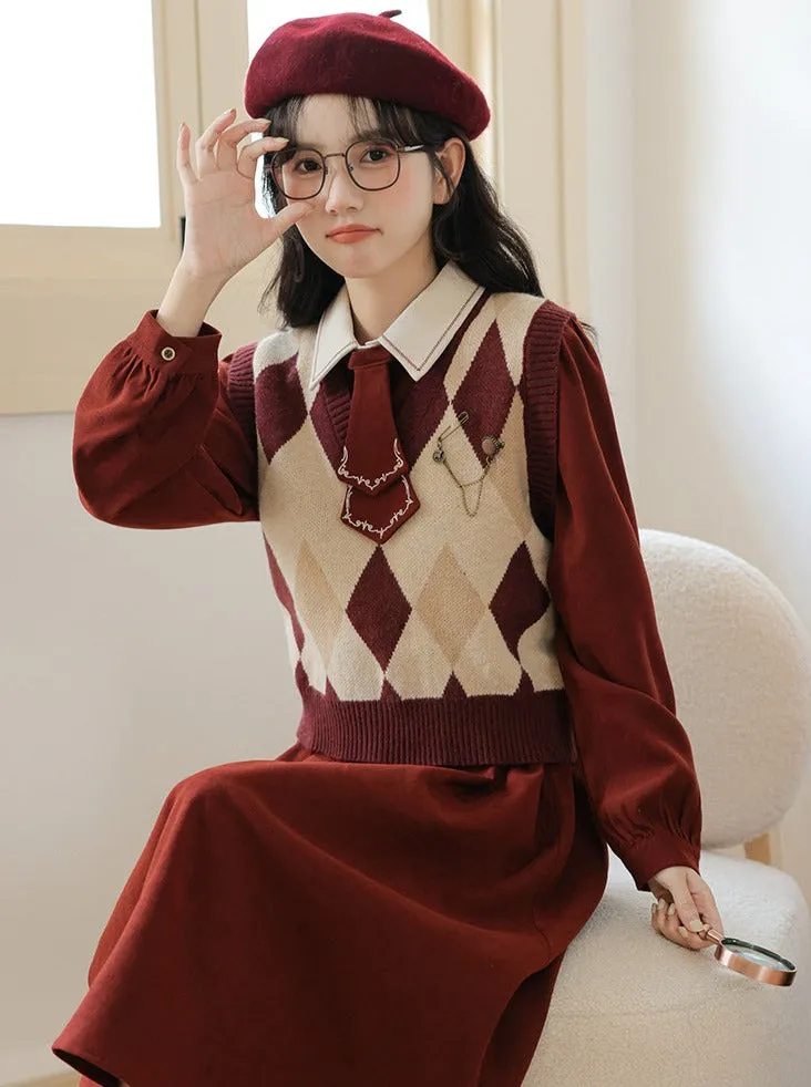 Design Dress Knit Vest Retro Argyle