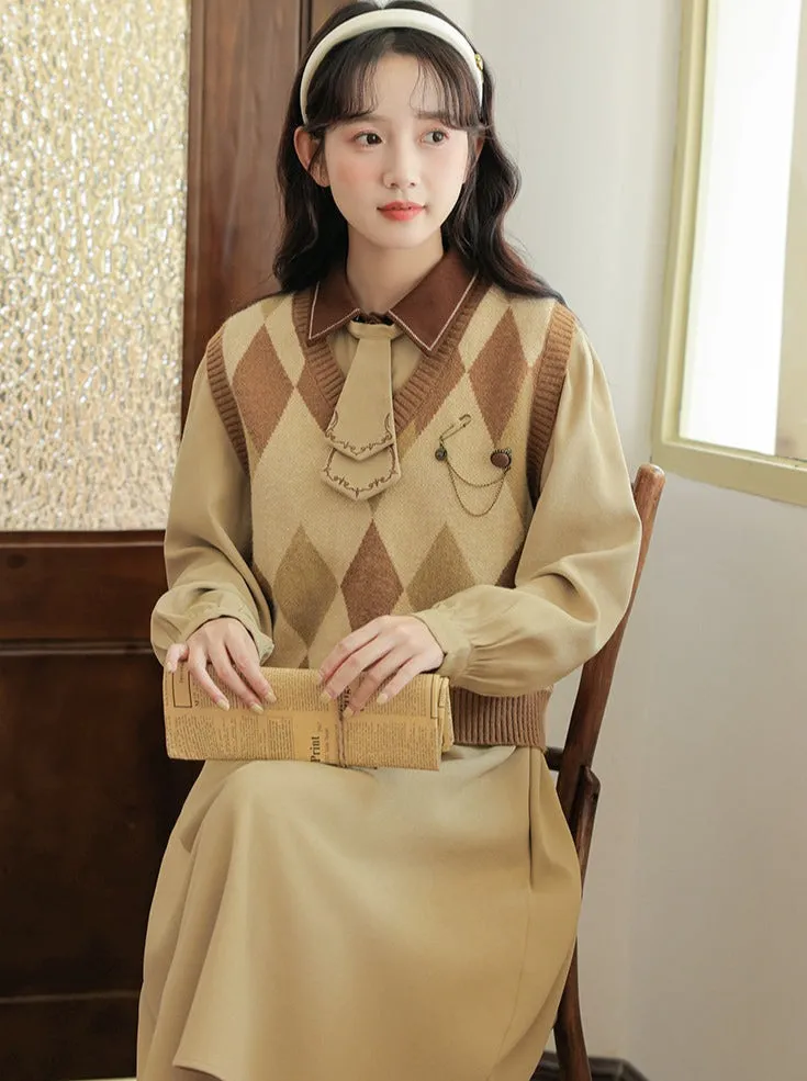 Design Dress Knit Vest Retro Argyle