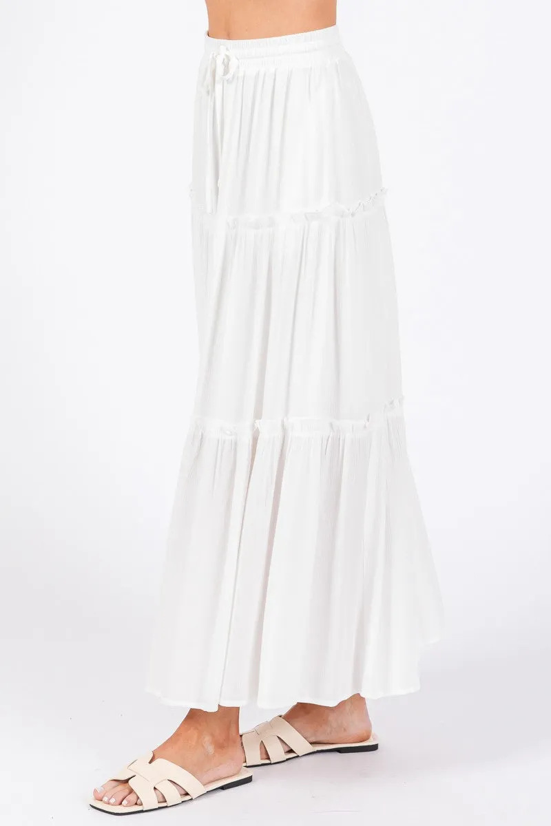 Esme White Tiered Elastic Summer Maxi Skirt