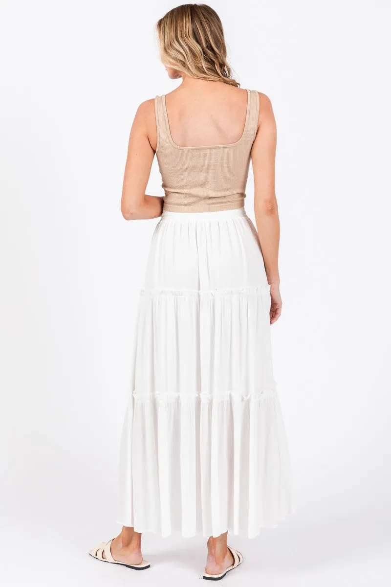 Esme White Tiered Elastic Summer Maxi Skirt