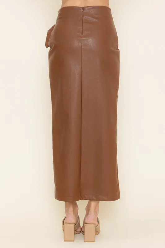 faux leather wrap buckle midi skirt