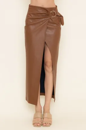 faux leather wrap buckle midi skirt