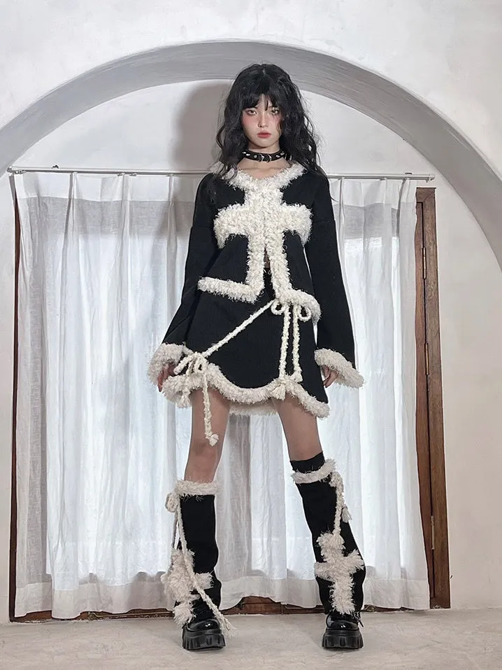 Fluffy Splicing Irregular Cross Strap Skirt