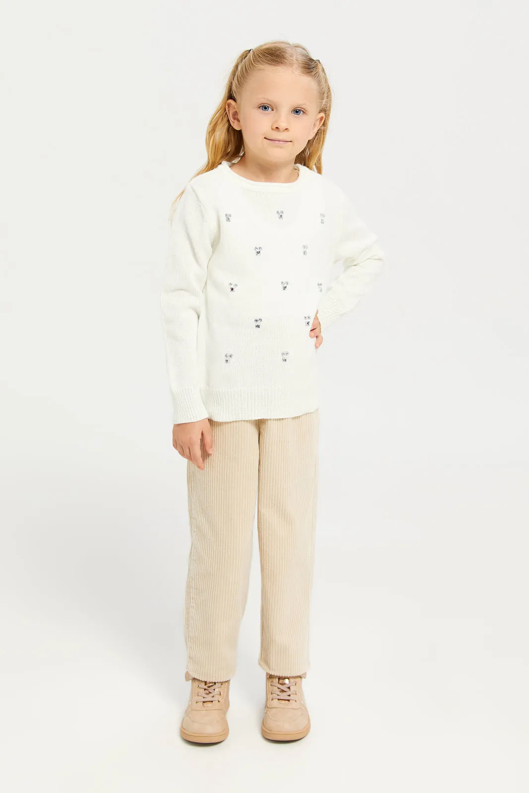 Girls White Embroidered Pullover