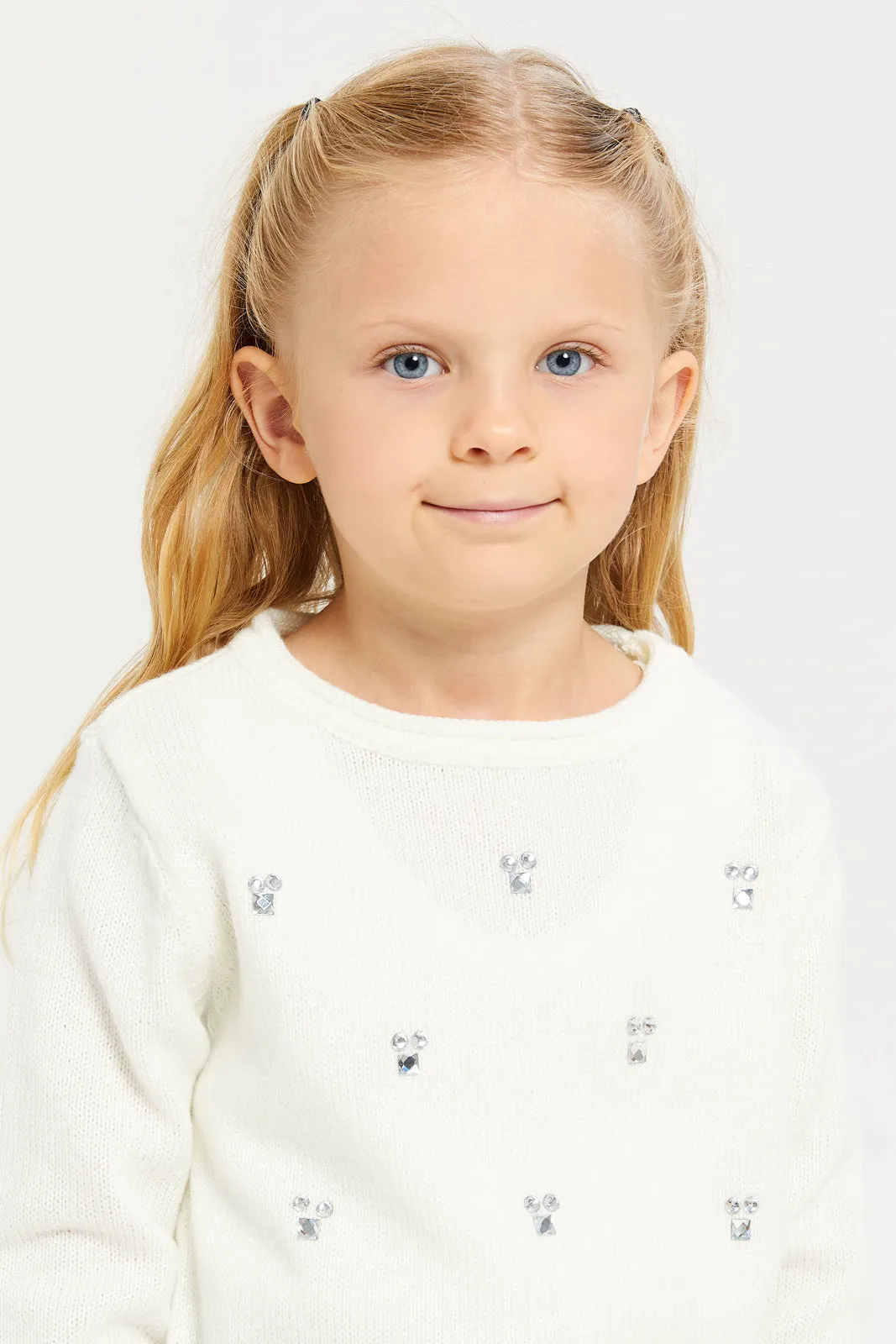Girls White Embroidered Pullover
